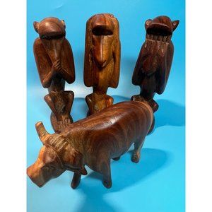 Hand Carved in Kenya Figurines Monkeys Water Buffalo Wood See Hear Speak no Evil